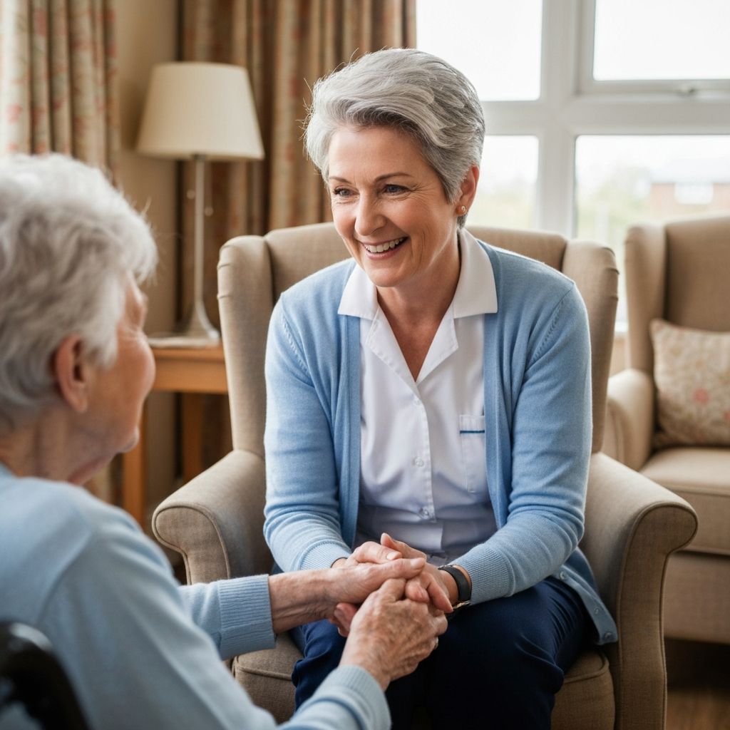 Compassionate carer supporting an older adult in a care home setting